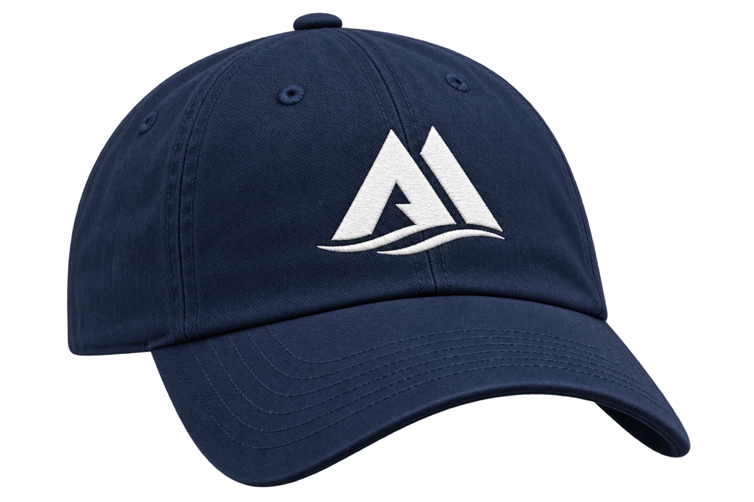 A navy ballcap with the mark embroidered in single-color white.