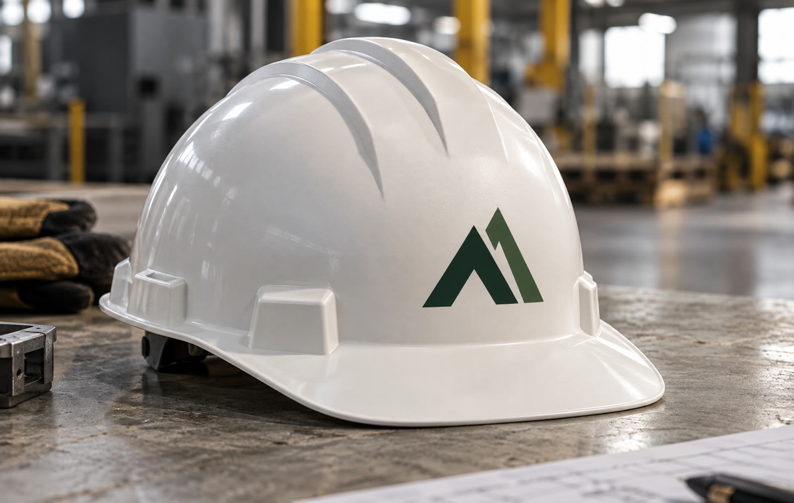 A white hard hat with the full-color emblem on the side.