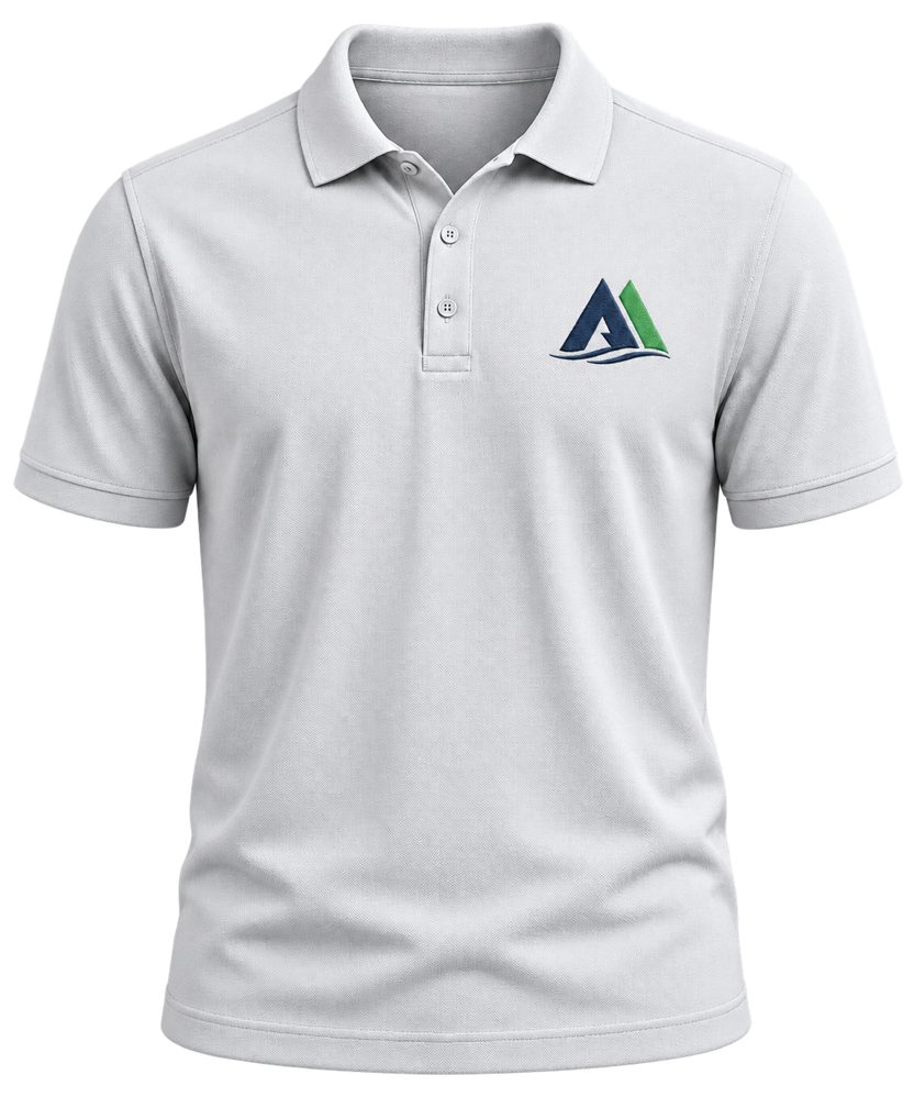 A light grey polo with the full-color mark embroidered at the left chest.