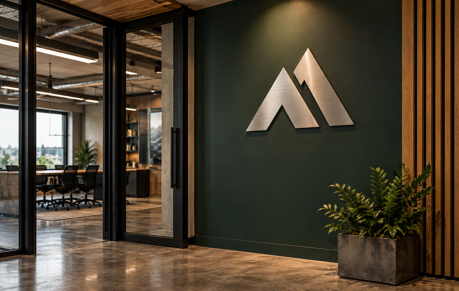 A brushed-metal emblem mounted on a Spruce reception wall beside a glass office entrance.