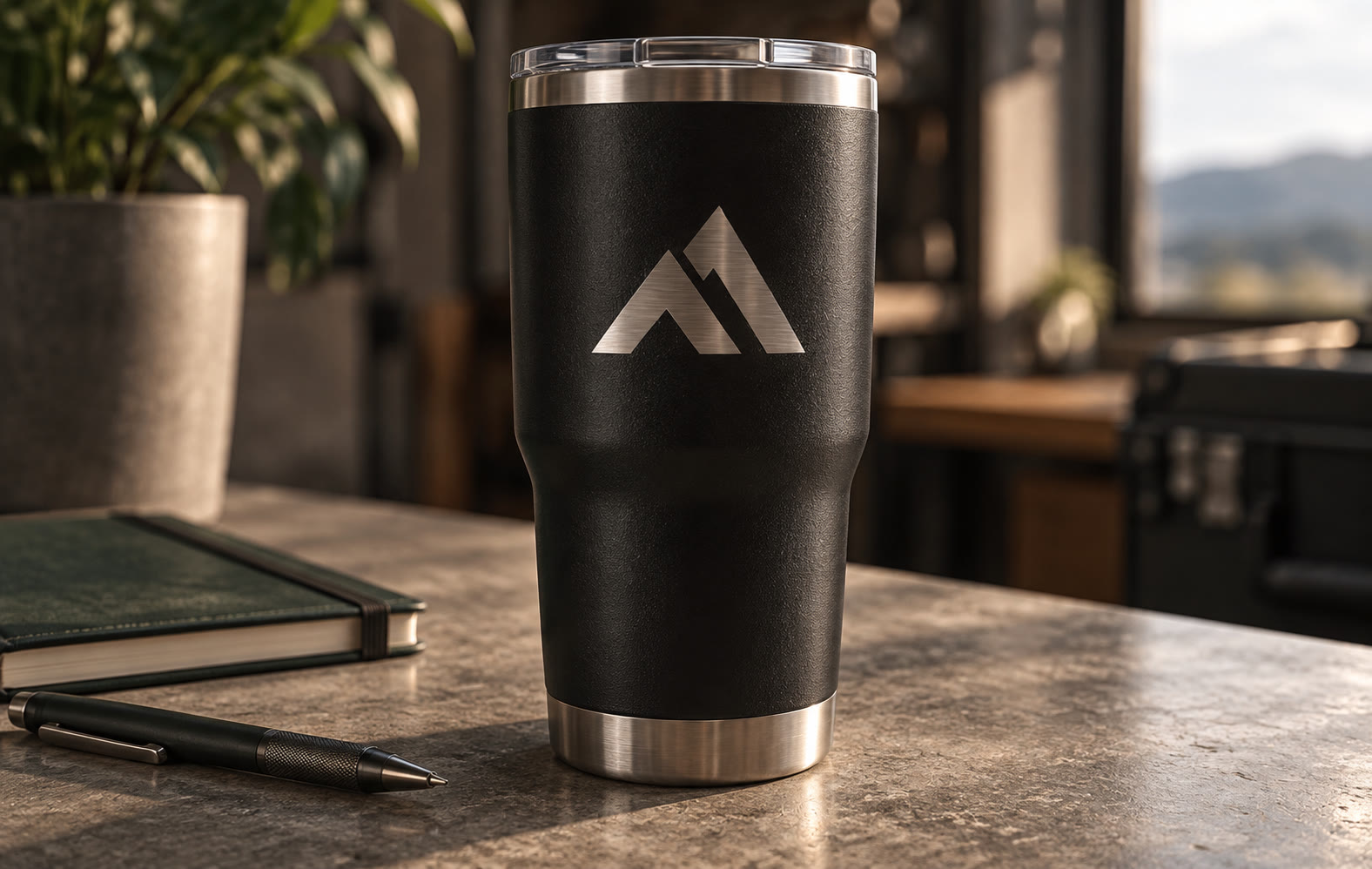 A black powder-coated tumbler with the emblem laser-etched to bare steel.