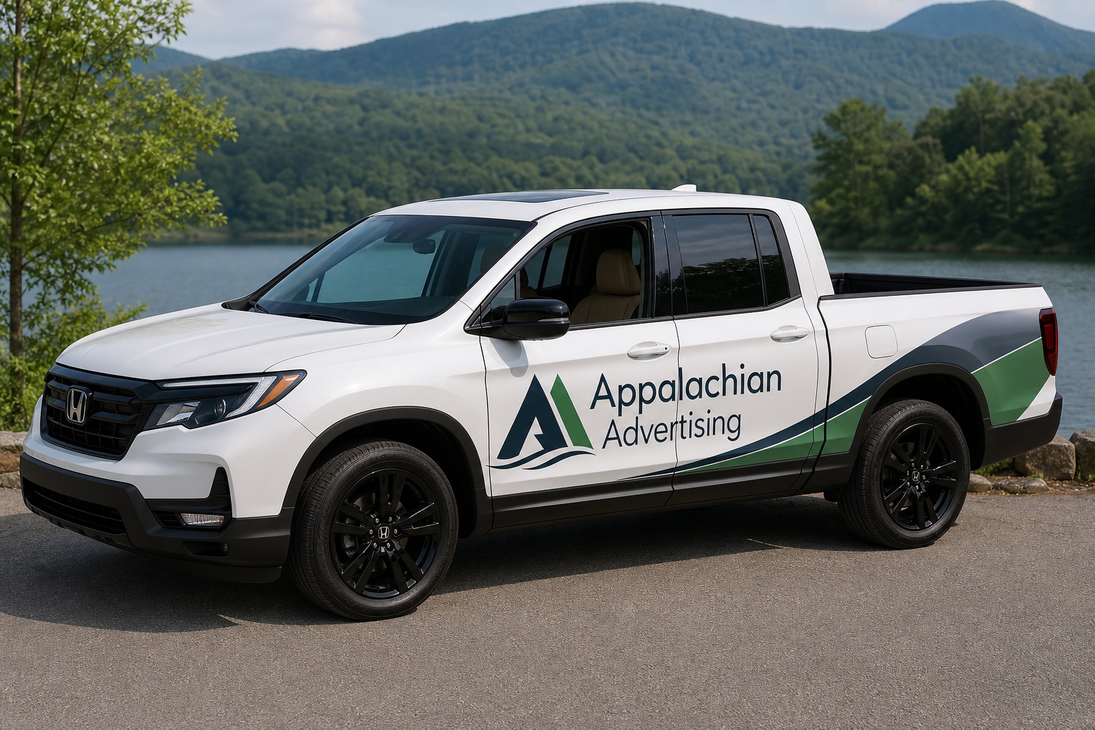 A white pickup wrapped with the horizontal lockup on the door and a slate and green sweep along the bed.